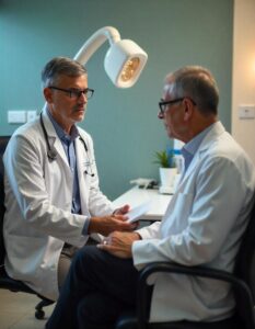 A doctor is talking to his patient about the Dementia problem in rohini clinic